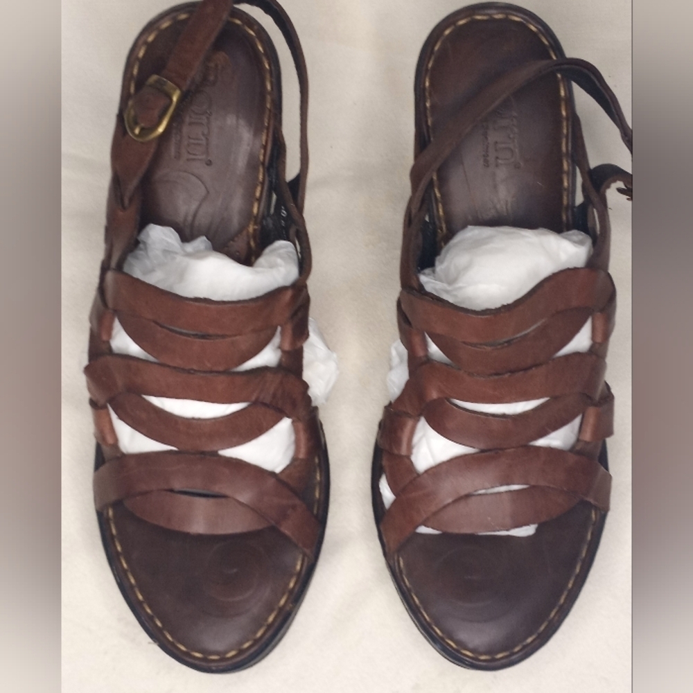 Born Leather Bohemian Woven Strappy Slingback Brown Classic Hippie Wedge Sandals - Picture 3 of 10